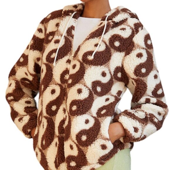 PacSun Royal Sherpa Hoodie | Brown and White | Teddy Fuzzy Jacket Coat, Small - Picture 7 of 16